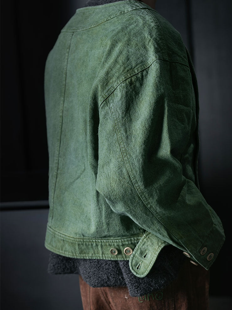 KINYAN LAM<br>UNISEX Natural Dye Collarless Bomber Jacket / GREEN