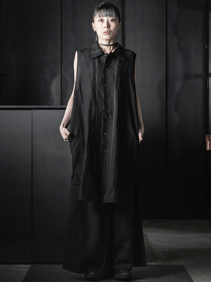 CHIAHUNG-SU<br>RELAXED-FIT SLEEVELESS HAND WOVEN ELONGATE SHIRT / BLACK STRIPE