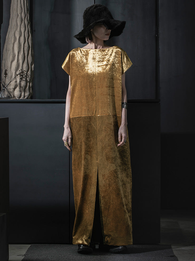 UMA WANG <br>WOMENS ベルベットスリットワンピース / GOLD