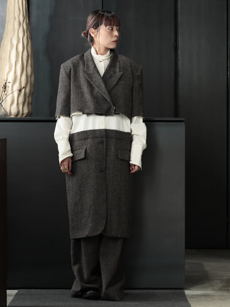UMA WANG<br> WOMENS herringbone short jacket / TAN & BLACK