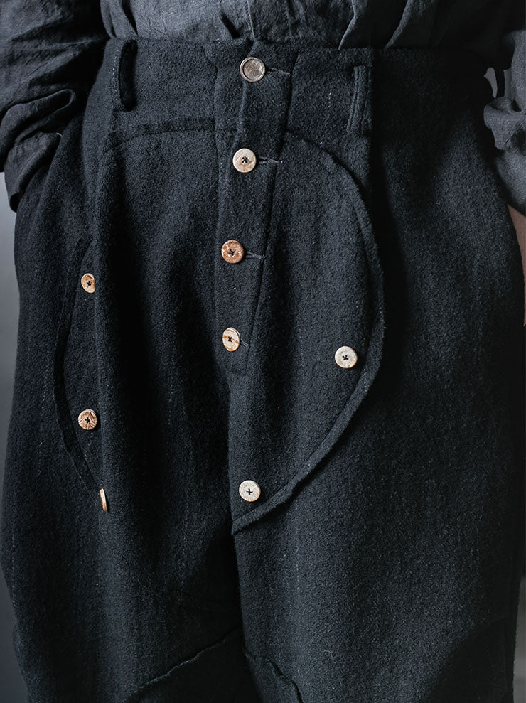 CHIAHUNG SU<br>MENS HAND WOVEN LOW CROTCH THICK WOOL TROUSER / BLACK STRIPE
