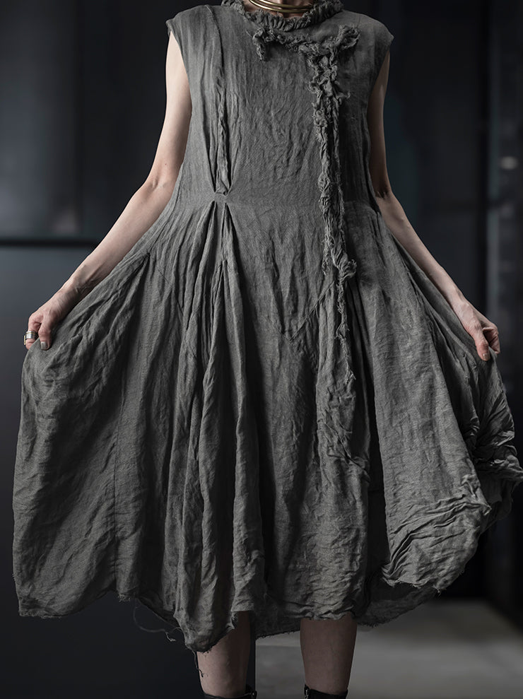 CHIAHUNG-SU<br>WOMENS HAND WOVEN RAW STRAPPING MIDI DRESS / LIGHT GREY