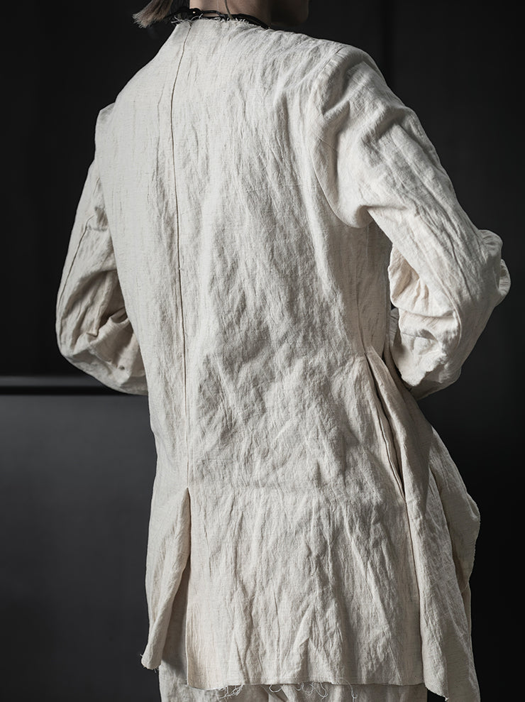 CHIAHUNG SU<br>HAND-DYED & WOVEN LAYERING RAW EDGE BLAZER / ECRU