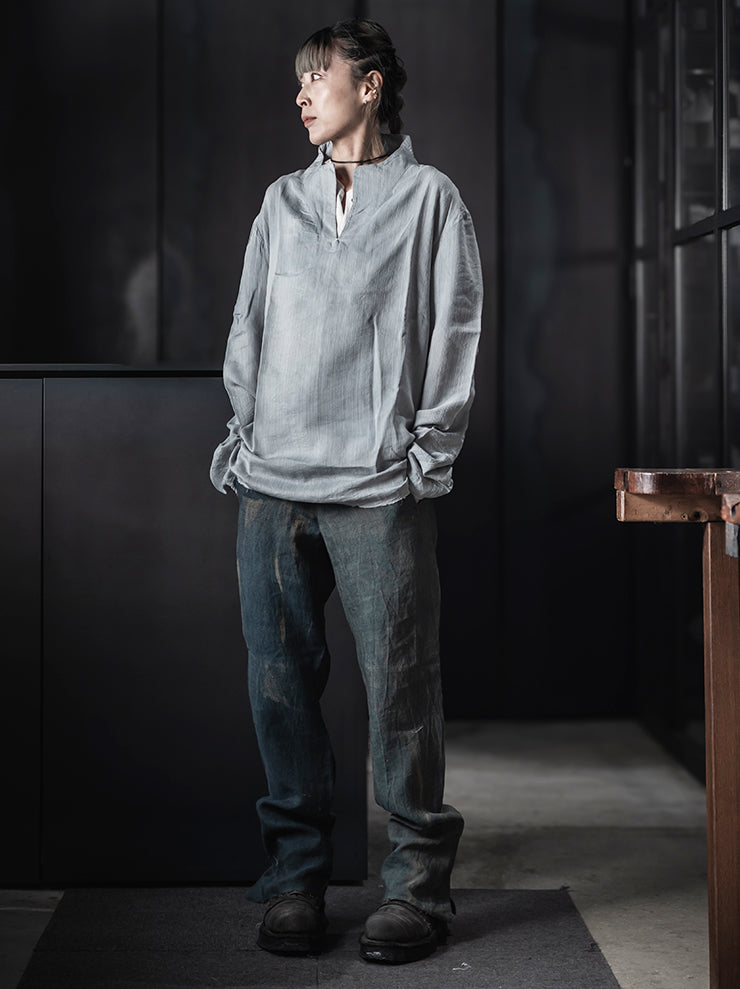 K’ANG <br>Men’s opened collar pullover shirt / GREY INDIGO