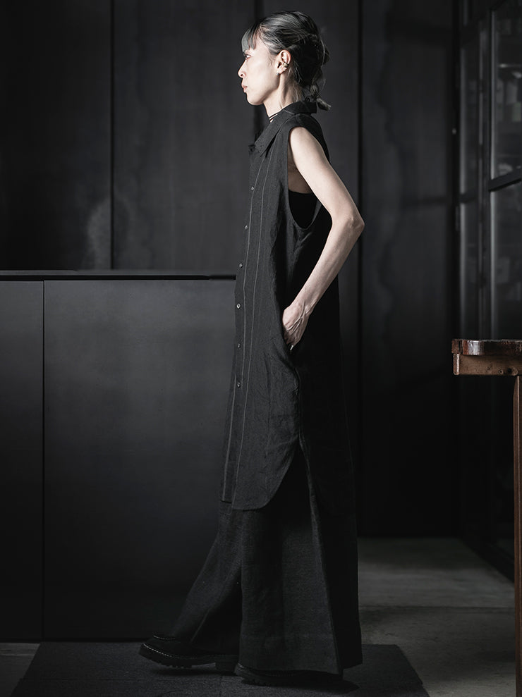 CHIAHUNG-SU<br>RELAXED-FIT SLEEVELESS HAND WOVEN ELONGATE SHIRT / BLACK STRIPE