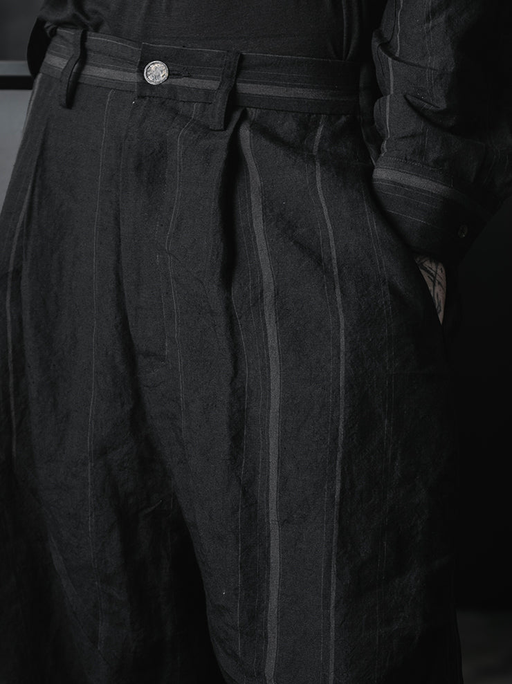CHIAHUNG SU<br>HAND WOVEN STRIPE LOW CROTCH PATCHED WIDE TROUSER / BLACK STRIPE