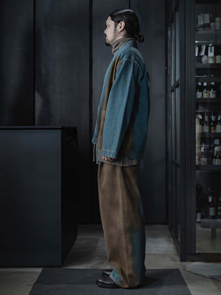 UMA WANG<br> MENS DENIM KIMONO JACKET / BLUE×BROWN