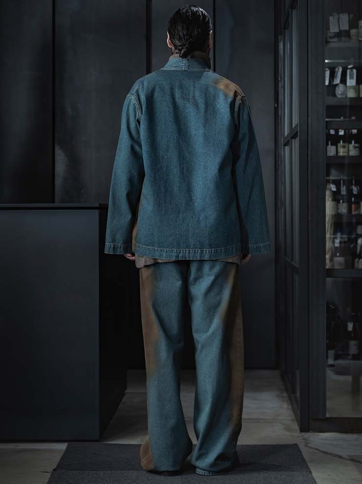 UMA WANG<br> MENS DENIM KIMONO JACKET / BLUE×BROWN