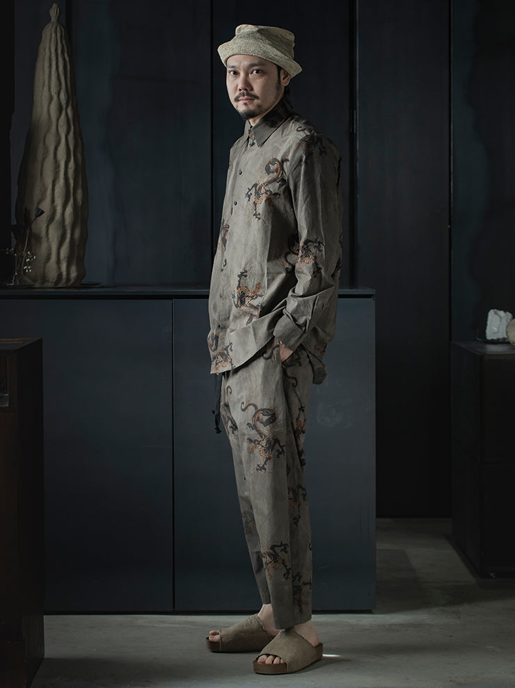UMA WANG<br> MENS printed trousers / GRAY × BLACK