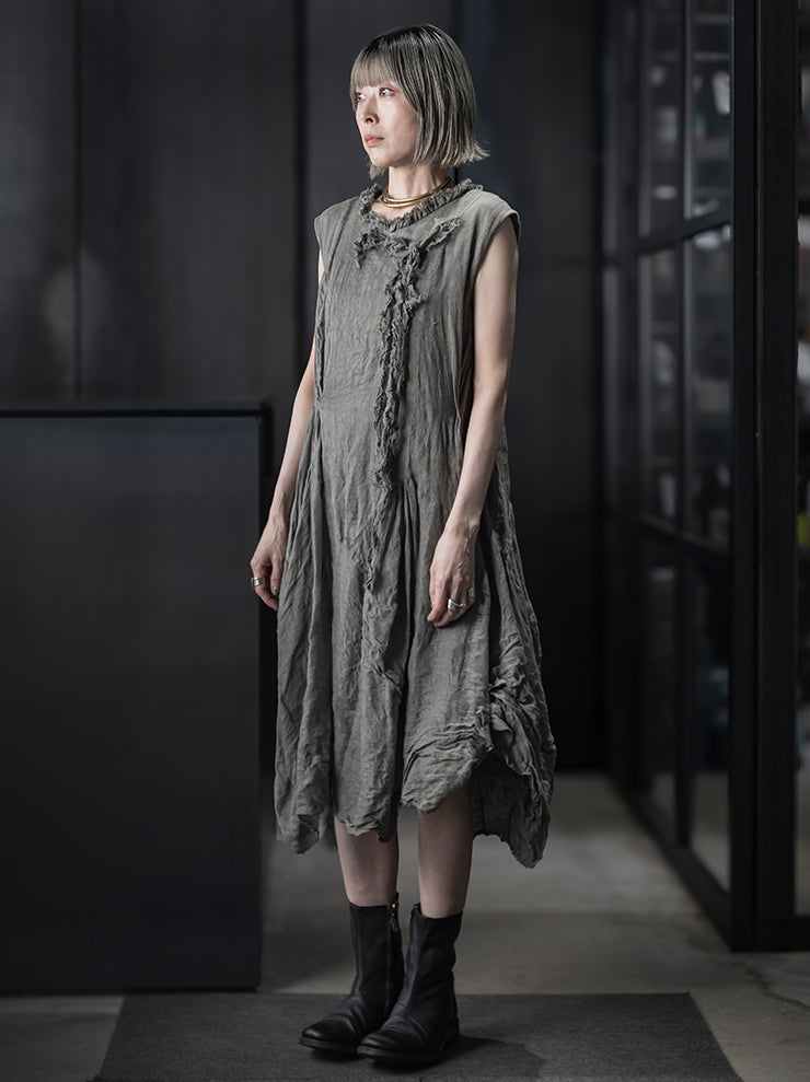 CHIAHUNG-SU<br>WOMENS HAND WOVEN RAW STRAPPING MIDI DRESS / LIGHT GREY