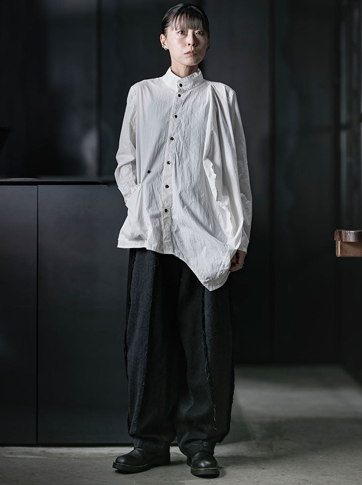 CHIAHUNG SU<br>WOMENS HAND WOVEN & DYED RAWING PATCHED TROUSER / BLACK & GREY