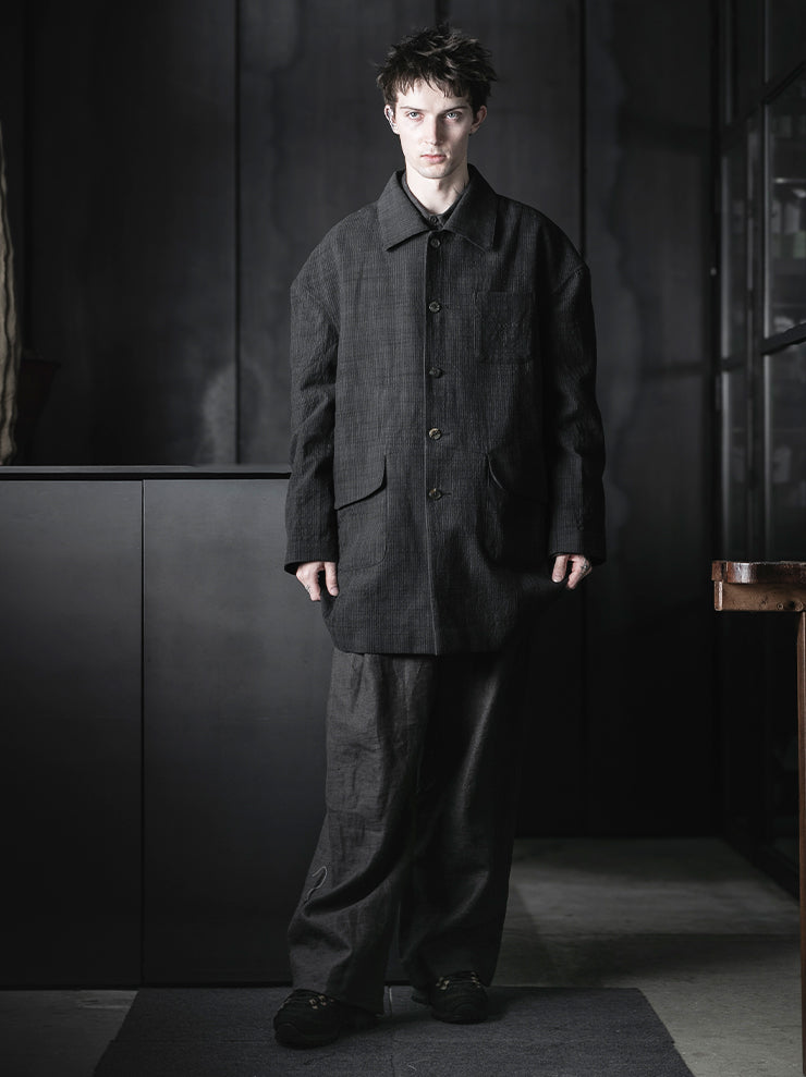 CHIAHUNG-SU<br>SINGLE BREAST YARN DYED & HAND WOVEN STRIPE COAT / BLACK STRIPE