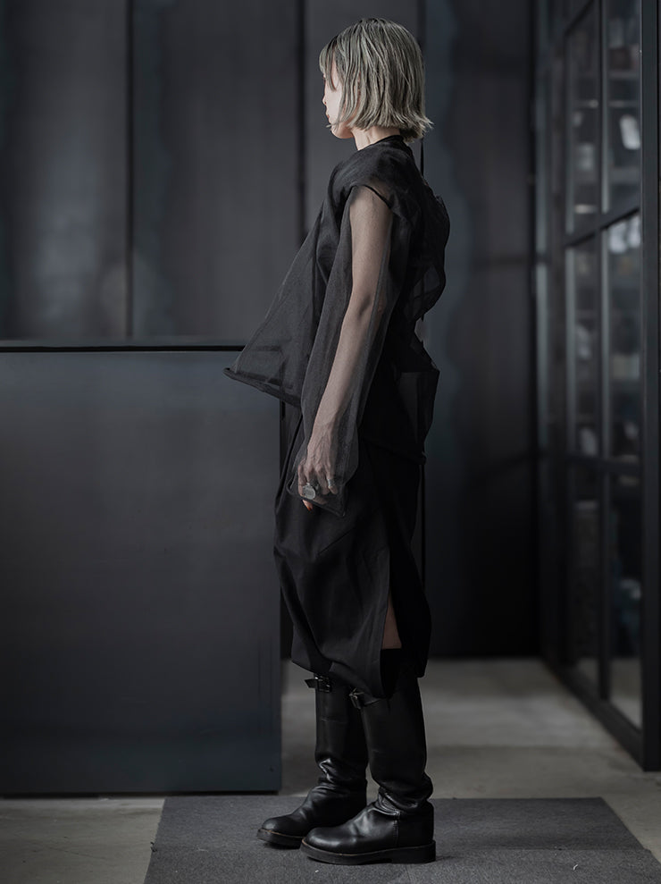 UMA WANG<br> WOMENS Tulle long sleeve top / BLACK