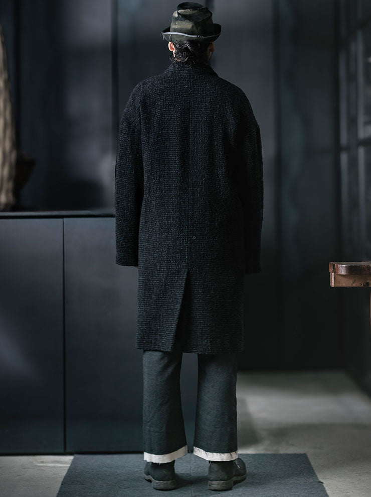 CHIAHUNG SU<br>MENS HAND WOVEN DOUBLE BREAST WOOLEN COAT / DARK GREY & BLACK