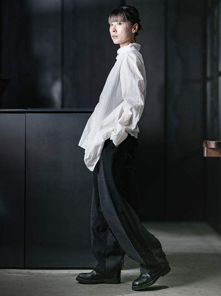 CHIAHUNG SU<br>WOMENS HAND WOVEN & DYED RAWING PATCHED TROUSER / BLACK & GREY