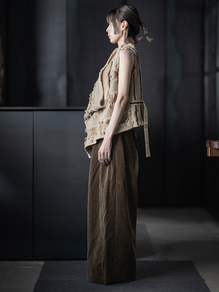 UMA WANG<br> WOMENS FRINGE DRAPE TOPS / TAN×BLACK