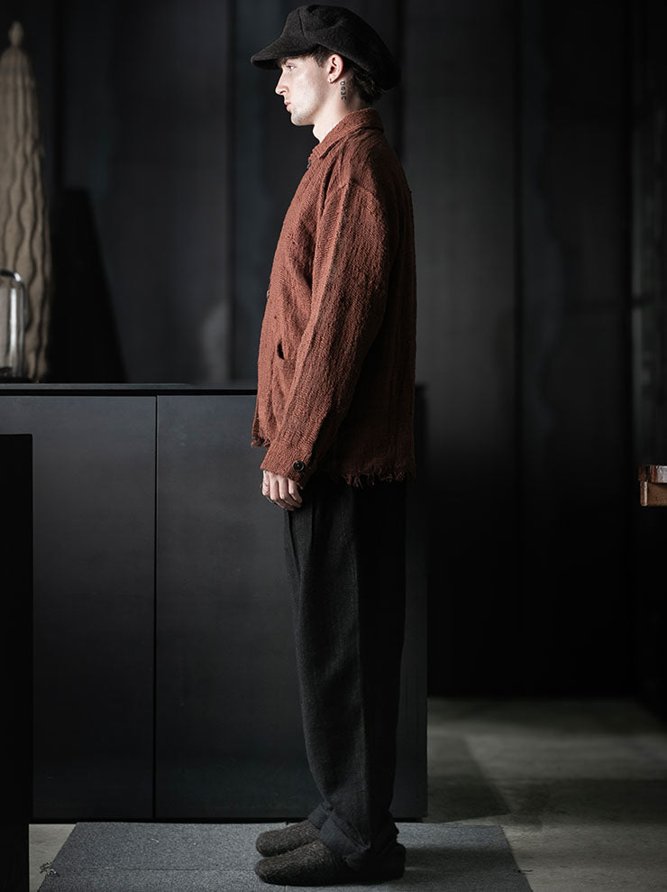 toward(s)<br />CARDIGAN IN MUD DYE TEXTURED COTTON / BRICK