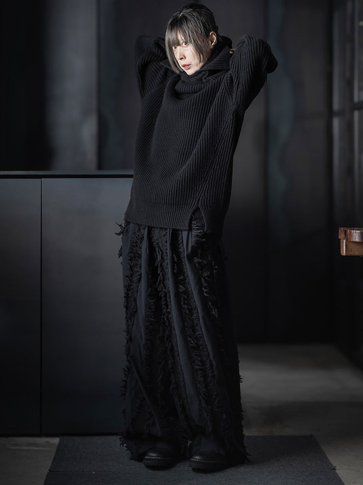 UMA WANG<br>WOMENS FRINGE WIDE TROUSERS / BLACK