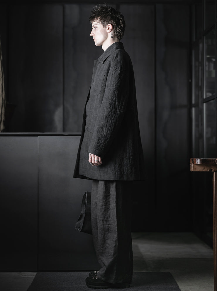 CHIAHUNG-SU<br>SINGLE BREAST YARN DYED & HAND WOVEN STRIPE COAT / BLACK STRIPE
