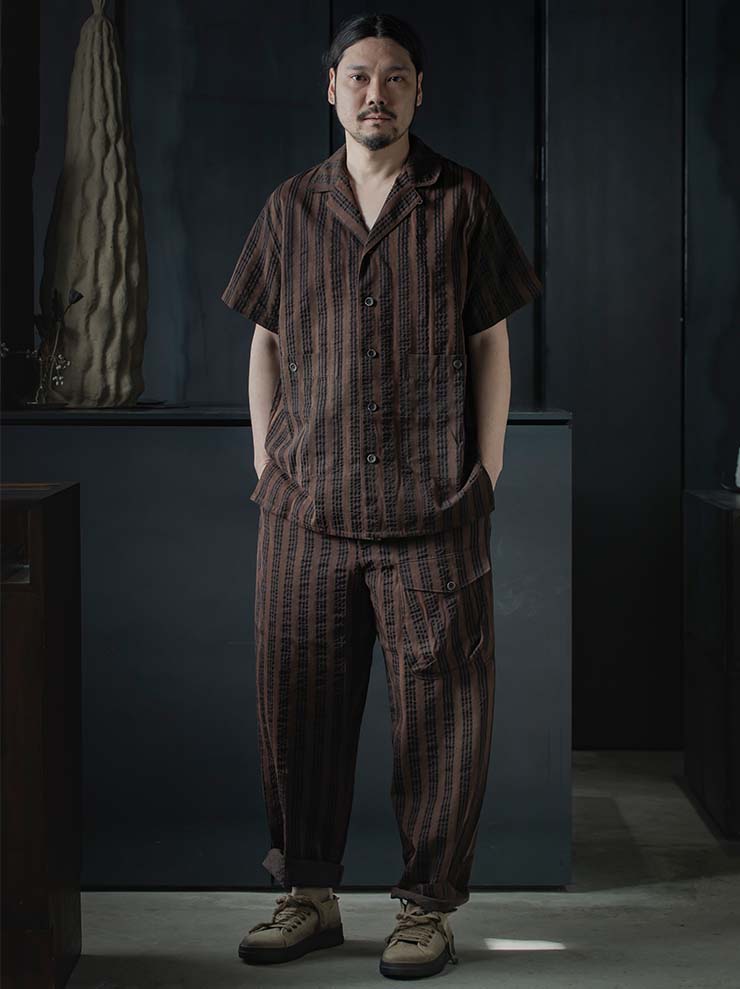 UMA WANG<br> MENS striped trousers / BROWN × BLACK