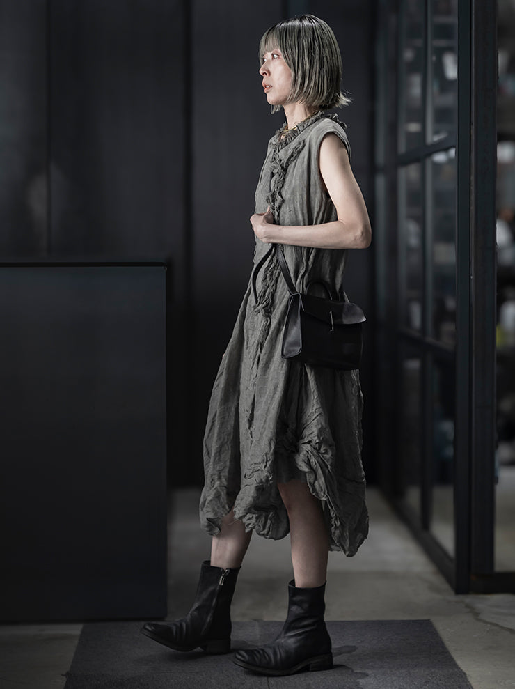 CHIAHUNG-SU<br>WOMENS HAND WOVEN RAW STRAPPING MIDI DRESS / LIGHT GREY