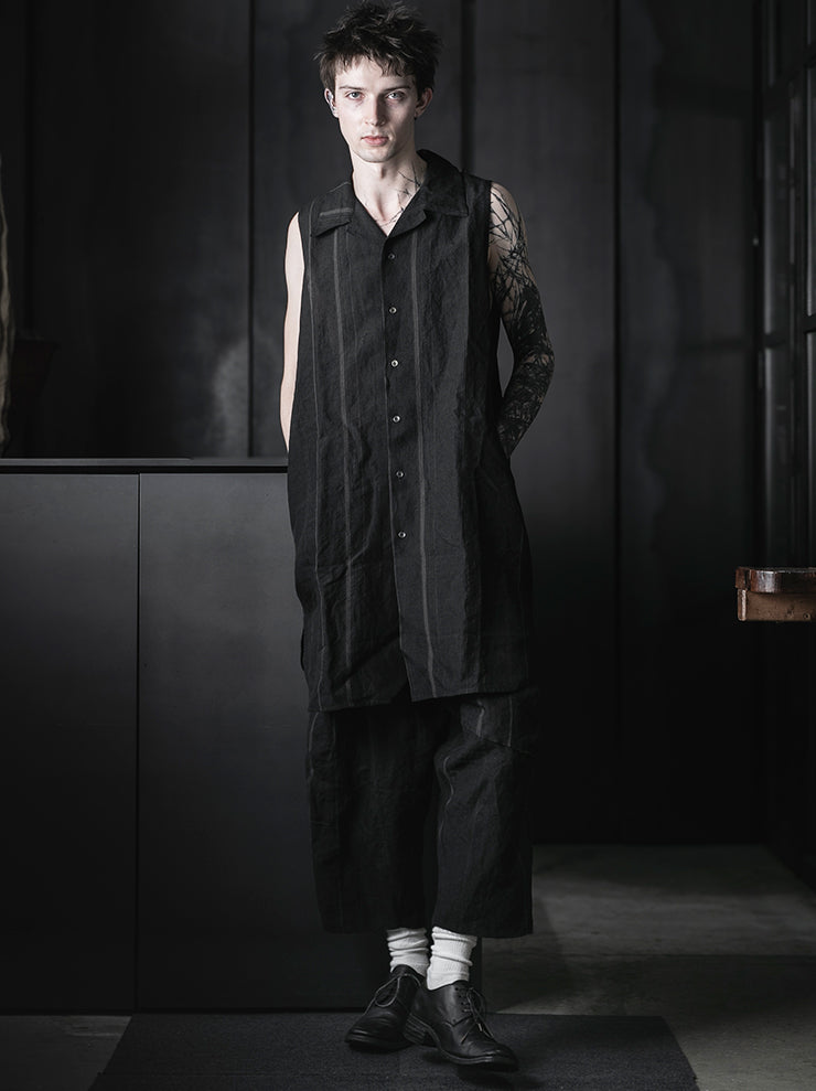 CHIAHUNG-SU<br>RELAXED-FIT SLEEVELESS HAND WOVEN ELONGATE SHIRT / BLACK STRIPE