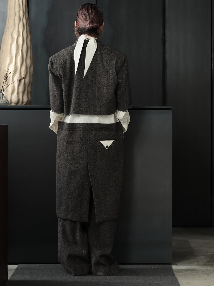 UMA WANG<br> WOMENS herringbone short jacket / TAN & BLACK