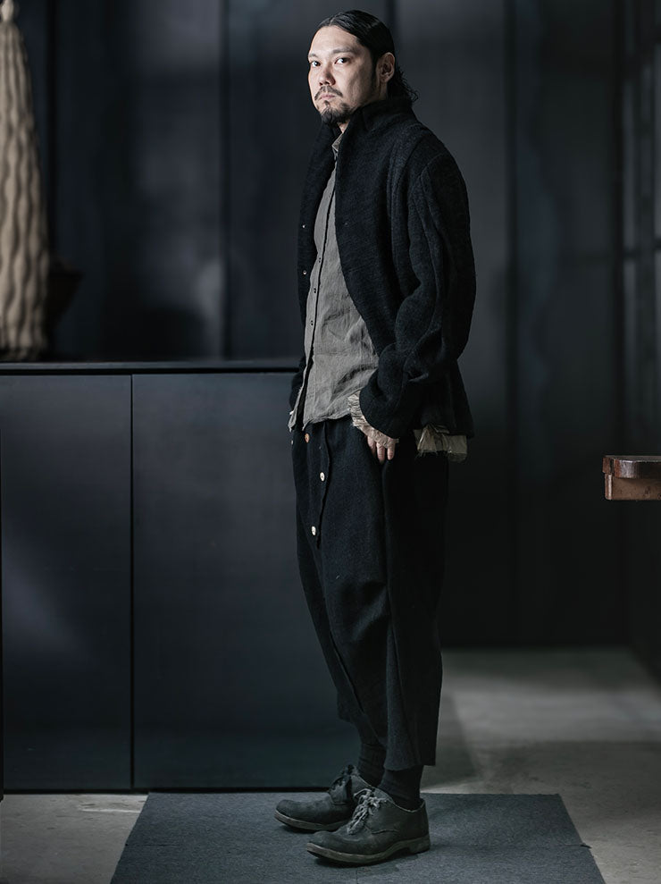 CHIAHUNG SU<br>MENS HAND WOVEN LOW CROTCH THICK WOOL TROUSER / BLACK STRIPE