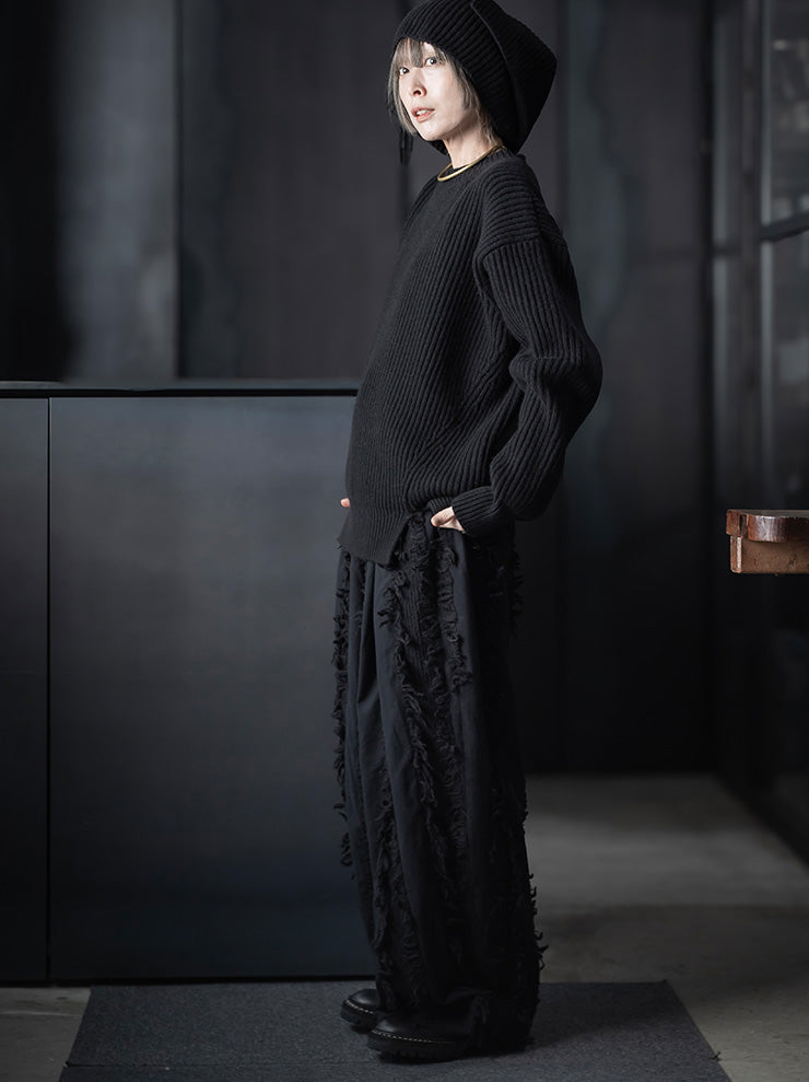 UMA WANG<br>WOMENS FRINGE WIDE TROUSERS / BLACK