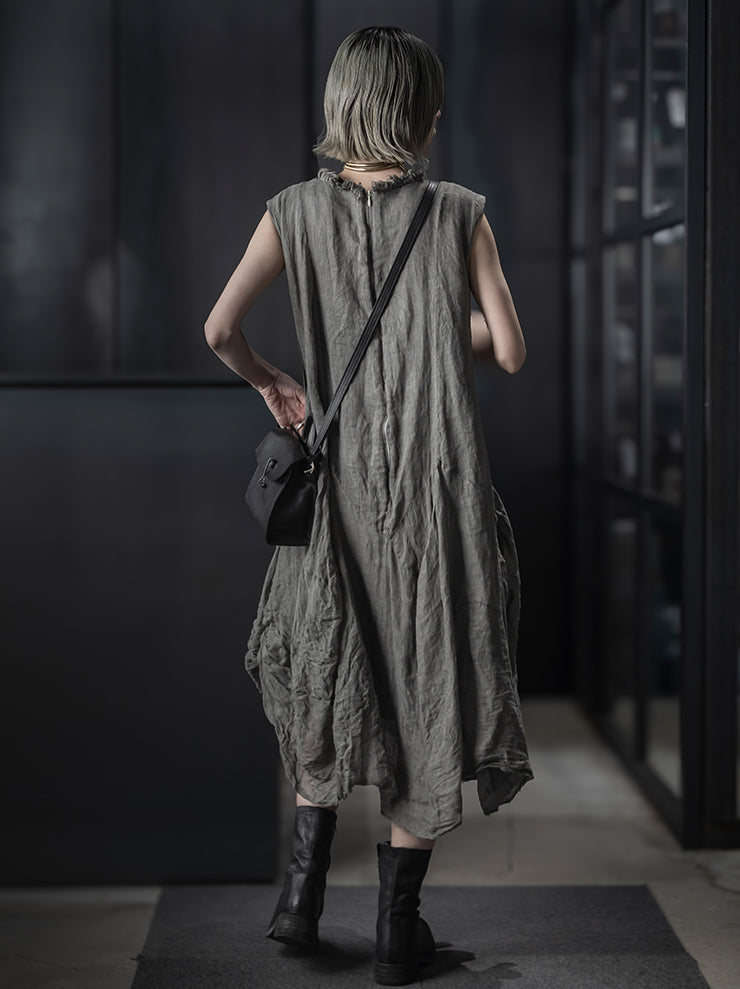 CHIAHUNG-SU<br>WOMENS HAND WOVEN RAW STRAPPING MIDI DRESS / LIGHT GREY
