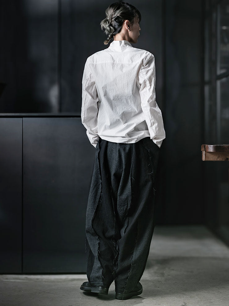 CHIAHUNG SU<br>WOMENS HAND WOVEN & DYED RAWING PATCHED TROUSER / BLACK & GREY