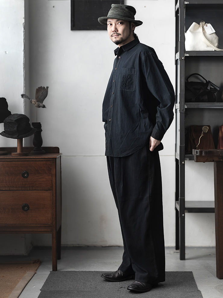 KINYAN LAM<br> UNISEX HAND EMBROIDERED LONG SLEEVE SHIRT / INDIGO BLUE