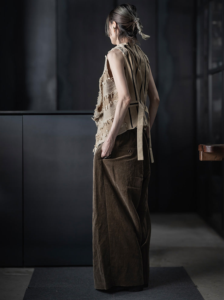 UMA WANG<br> WOMENS FRINGE DRAPE TOPS / TAN×BLACK
