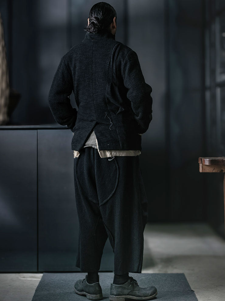 CHIAHUNG SU<br>MENS HAND WOVEN & DYED PATCHED KNITTING PLEATED BLAZER / BLACK