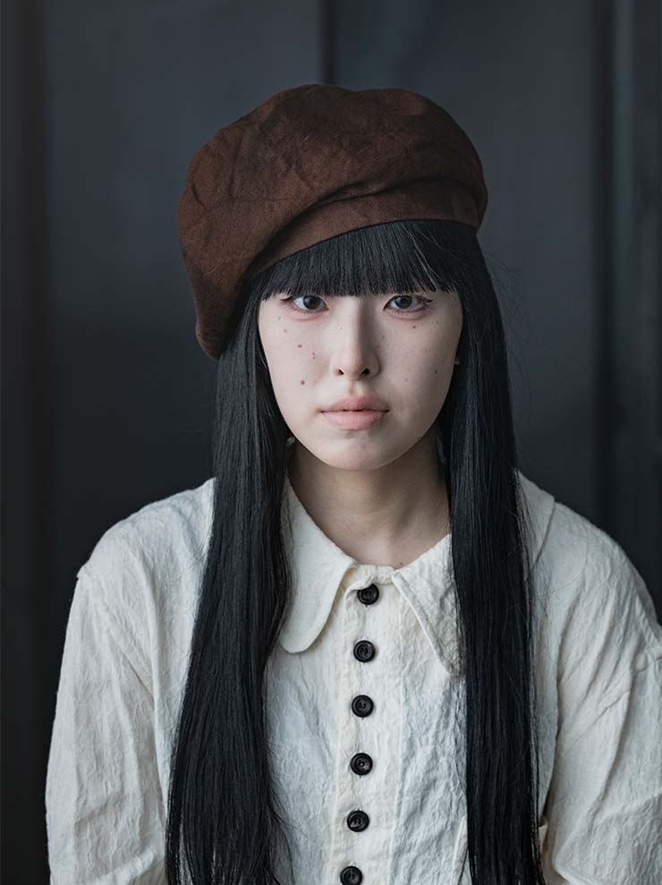 HORISAKI<br> ONE OF A KIND COLLECTION Cotton Linen Beret OOAK24 NO. 11 / BROWN