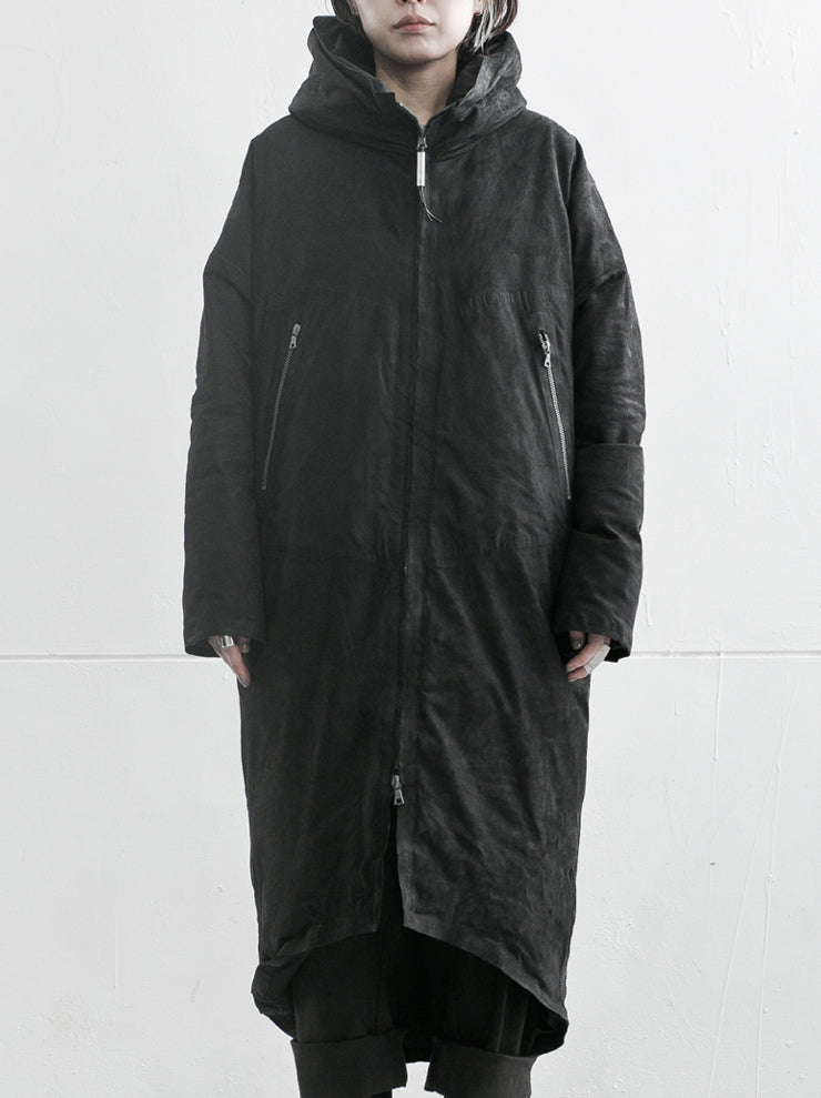 ISAAC SELLAM EXPERIENCE, WOMENS フーディダウンレザーコート BLACK