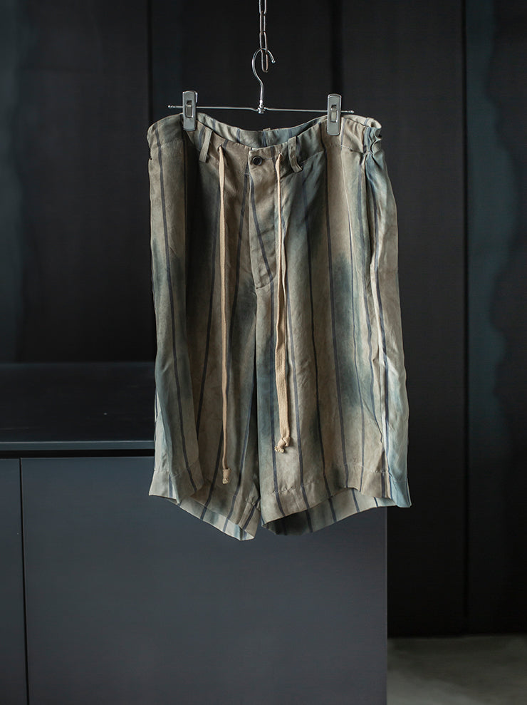 UMA WANG<br> MENS striped shorts / TAN × BLUE