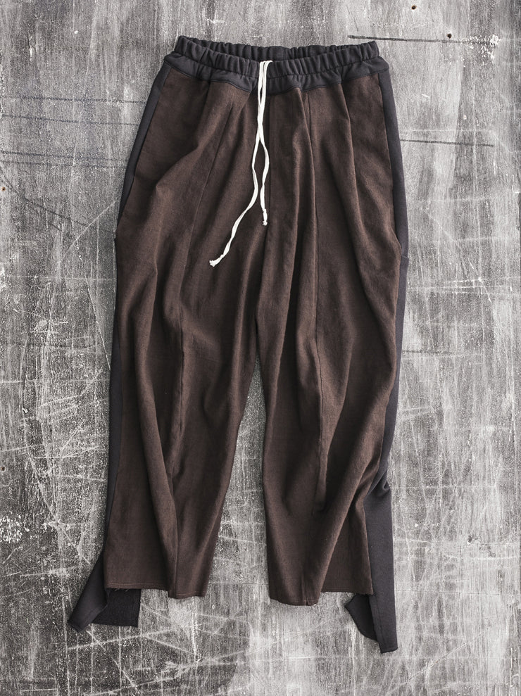 By Walid<br> Men's Victor Trousers CHOCOLATE×BLACK / flour sacking linen cotton