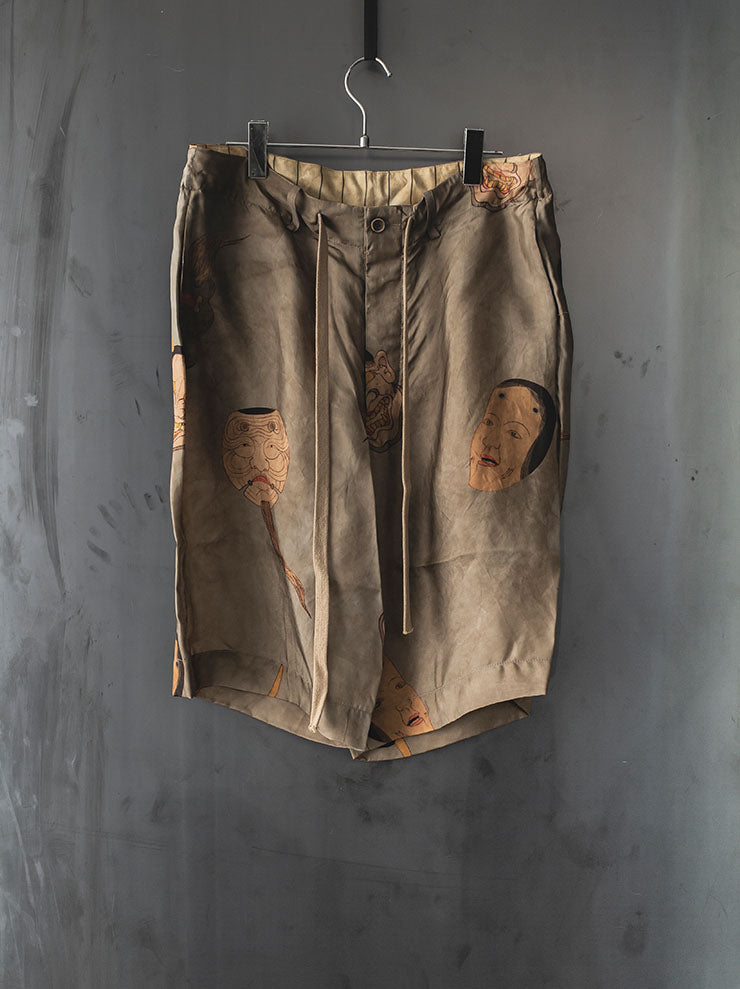 UMA WANG<br> MENS printed shorts / GRAY BLUE × TAN