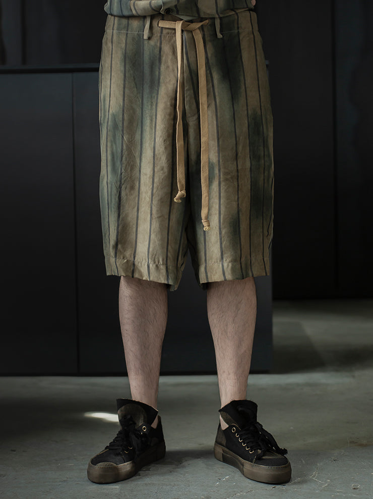 UMA WANG<br> MENS striped shorts / TAN × BLUE