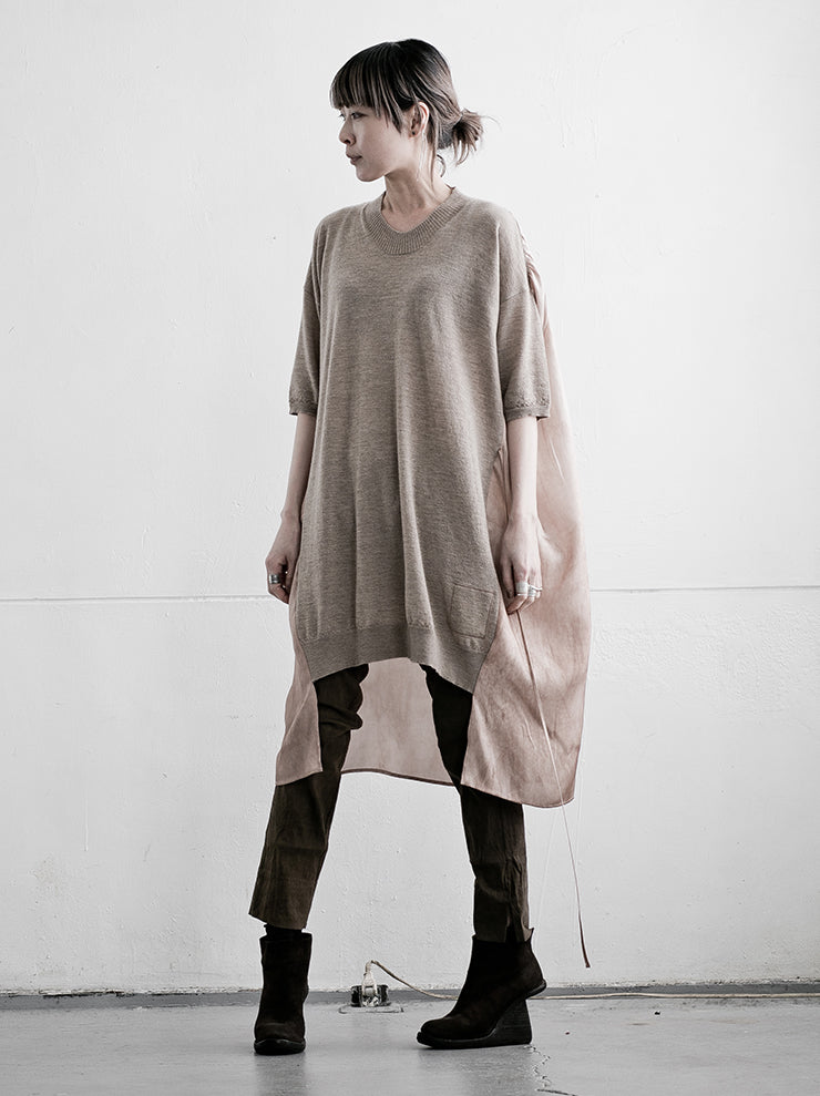 UMA WANG <br>Back silk short sleeve knit dress / TAN×ROSE