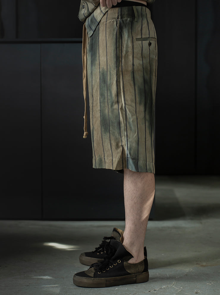 UMA WANG<br> MENS striped shorts / TAN × BLUE