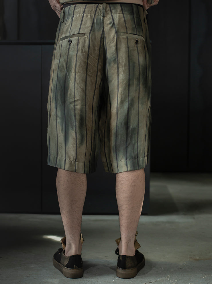 UMA WANG<br> MENS striped shorts / TAN × BLUE