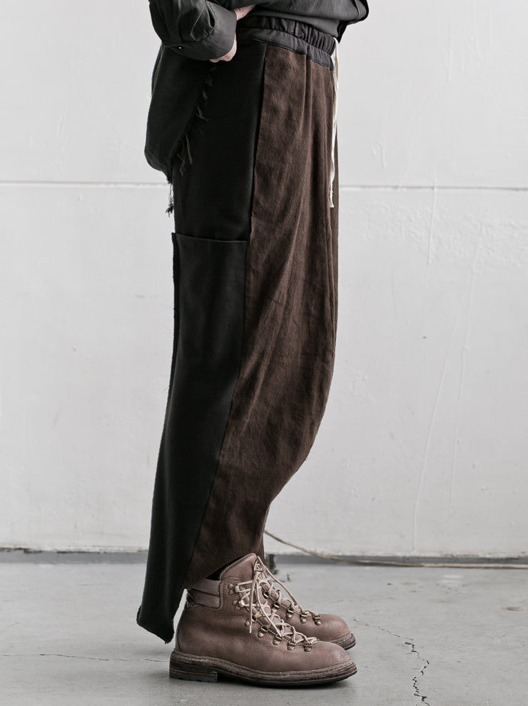 By Walid<br> Men's Victor Trousers CHOCOLATE×BLACK / flour sacking linen cotton