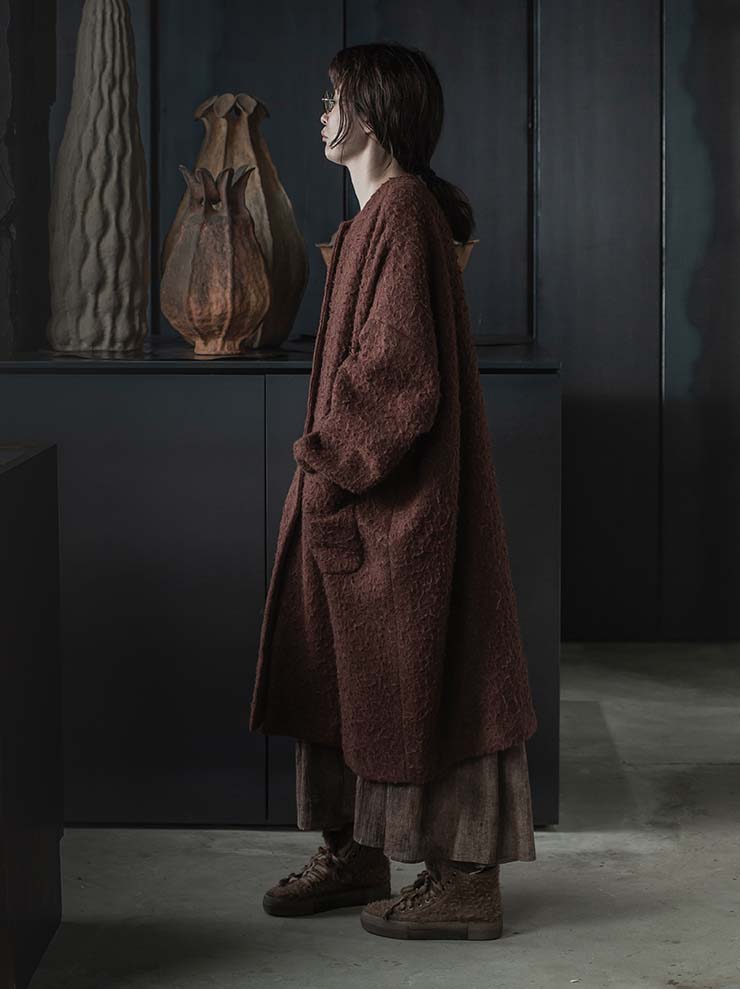 UMA WANG<br> Womens collarless coat / DARK RED