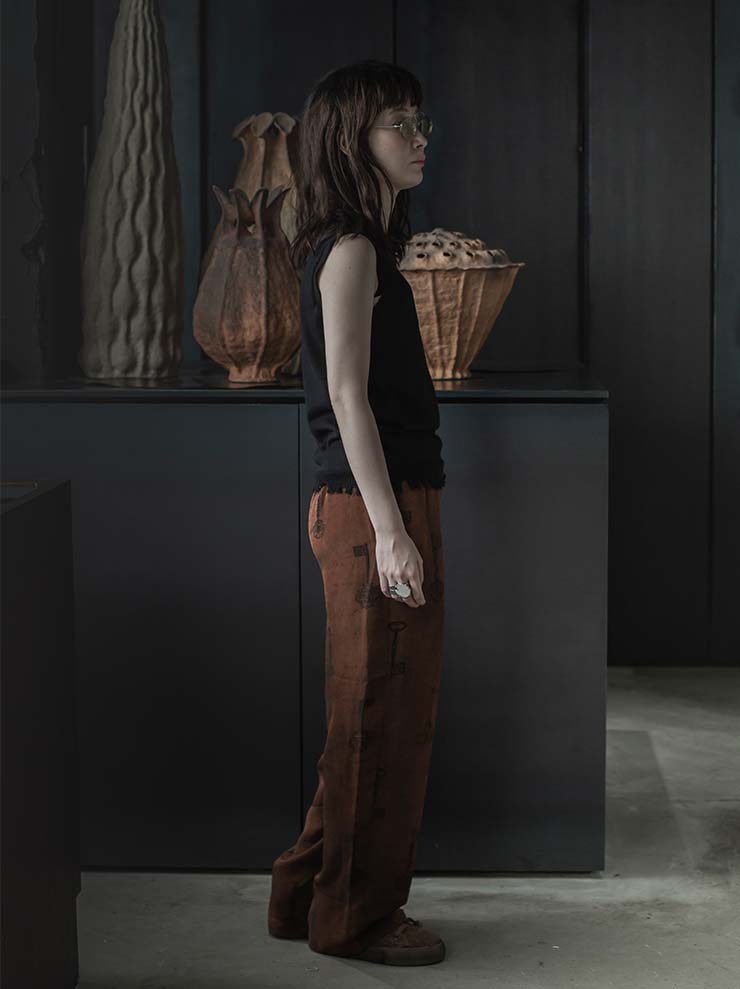 UMA WANG<br> WOMENS PRINTED PANTS / DARK ROSE