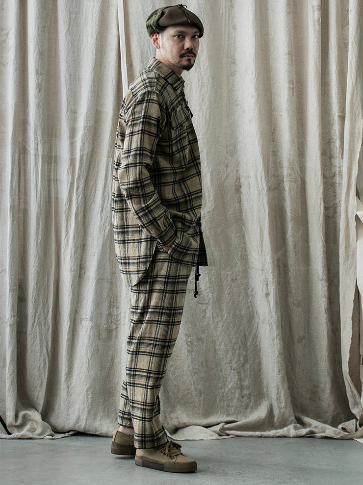 UMA WANG<br> Check wool pants / TAN & BLACK