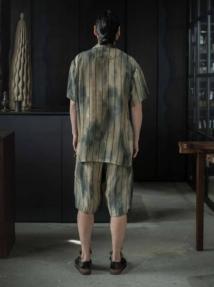 UMA WANG<br> MENS striped shorts / TAN × BLUE