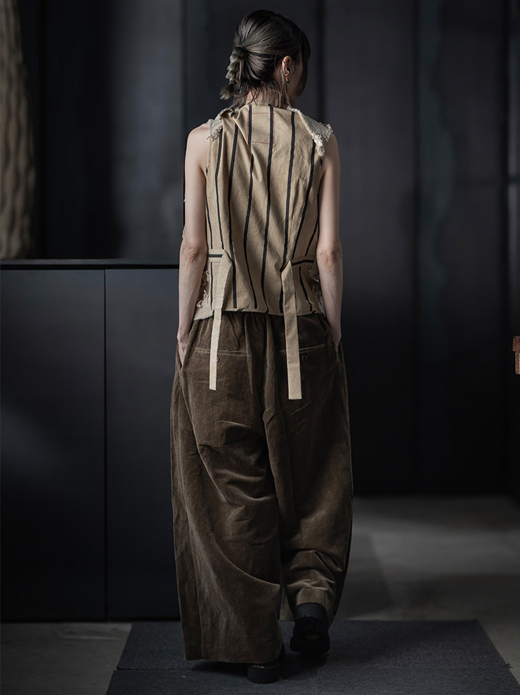 UMA WANG<br> WOMENS FRINGE DRAPE TOPS / TAN×BLACK