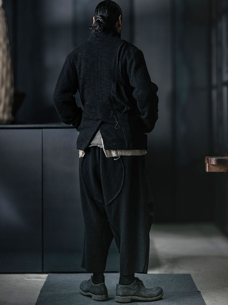 CHIAHUNG SU<br>MENS HAND WOVEN LOW CROTCH THICK WOOL TROUSER / BLACK STRIPE